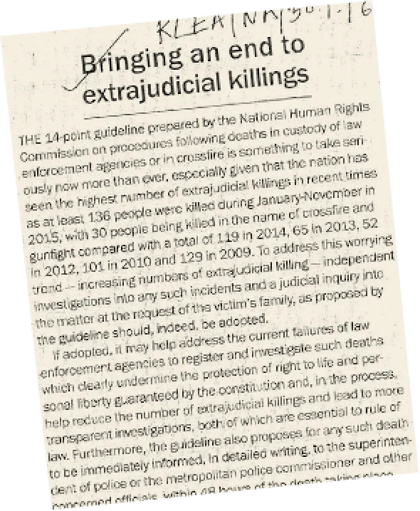 A local newspaper article titled 'Bringing an end to extrajudicial killings.'
