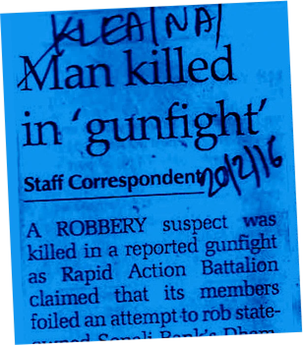 A local newspaper clip describing how a man was killed in an alleged gunfight