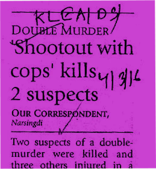 A local newspaper report describing the killing of two suspects in shootouts with police